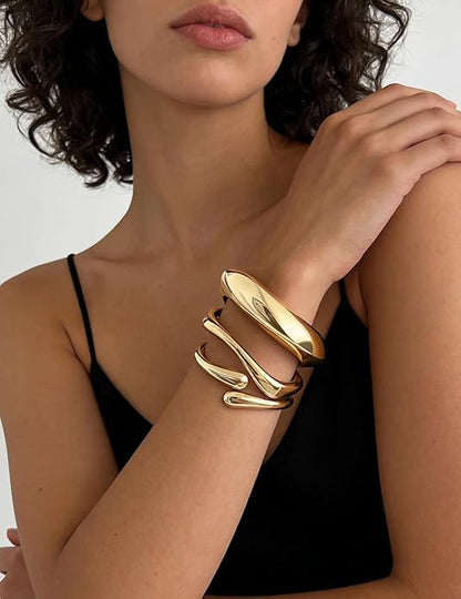 Amara™ - Sculpted Gold Bracelet Set (3-Piece) - TZ