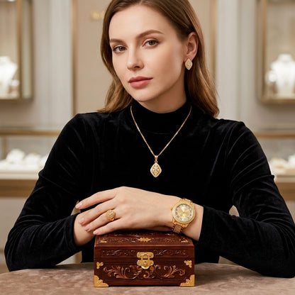 REGINA · 7-Piece Crystal Gold Watch & Jewelry Set for Women (TZ)