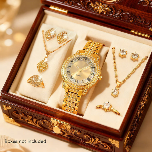 REGINA · 7-Piece Crystal Gold Watch & Jewelry Set for Women (KE)